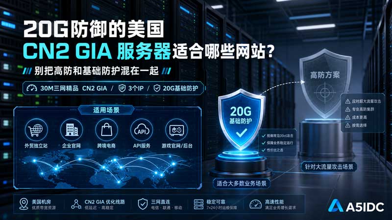 美国CN2 GIA服务器带20G防御，外贸站、游戏站、企业站该怎么选？