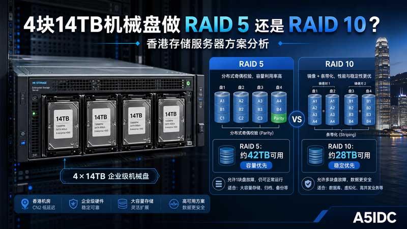 香港存储服务器别乱组RAID：4块14TB机械盘，RAID 5和RAID 10差别很大