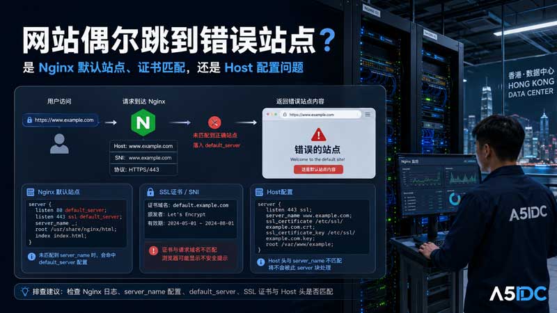 网站偶尔跳到错误站点，是 Nginx 默认站点、证书匹配还是 Host 配置问题？