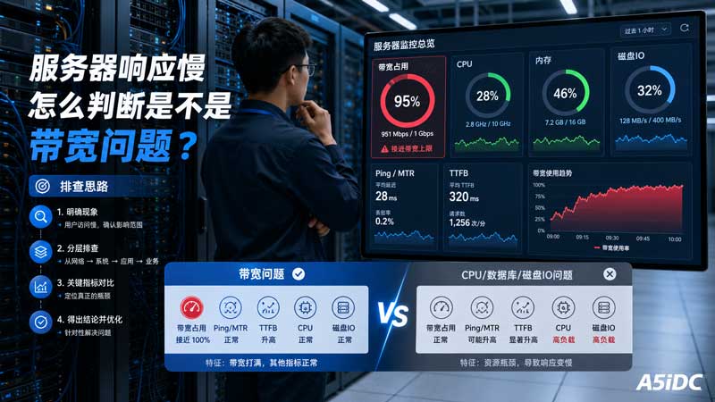服务器响应慢怎么判断是不是带宽问题？从 Ping、MTR、带宽占用到配置升级完整排查