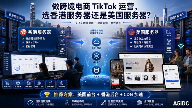做跨境电商 TikTok 运营，香港服务器和美国服务器怎么选？从独立站、落地页、素材分发到后台系统一次讲清楚