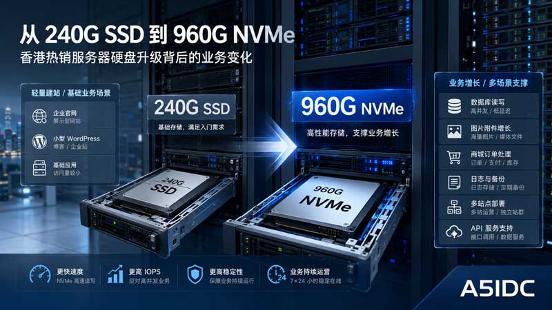 香港服务器硬盘升级怎么选？从 240G SSD 到 960G NVMe 看业务增长需求