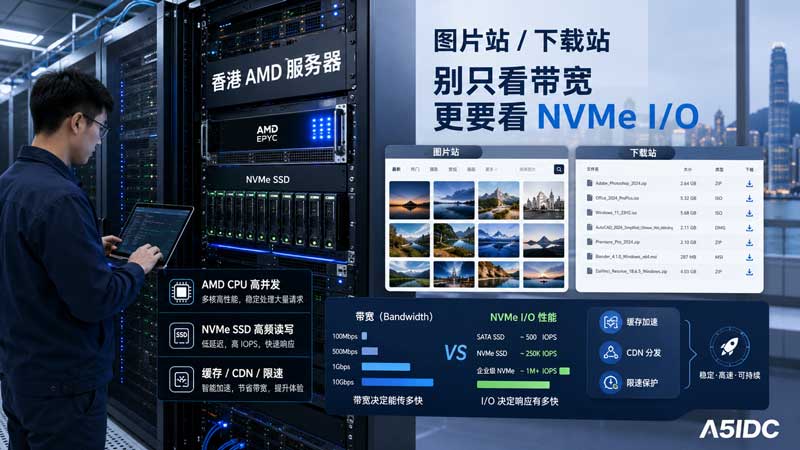 香港 AMD 服务器做图片站和下载站靠谱吗？别光盯着带宽，NVMe 硬盘 I/O 才是关键