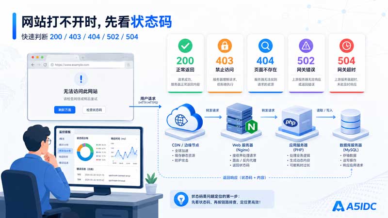 网站打不开时状态码怎么看？200、403、404、502、504 的基础判断方法