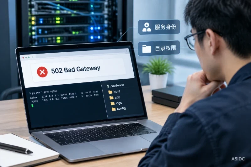 Nginx 502 Bad Gateway 排查中,如何核对服务身份与后端目录权限?