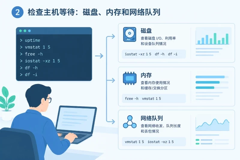 2. 检查主机等待：磁盘、内存和网络队列（AI示意图）