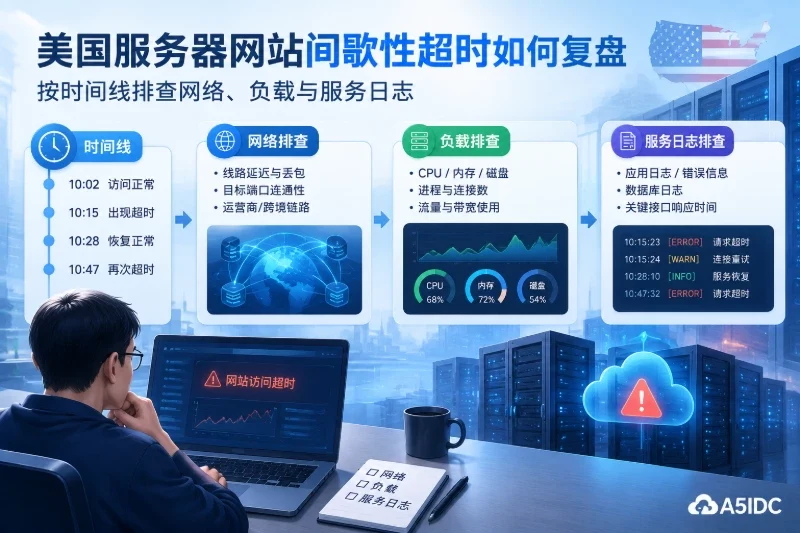 美国服务器网站间歇性超时如何复盘：按时间线排查网络、负载与服务日志