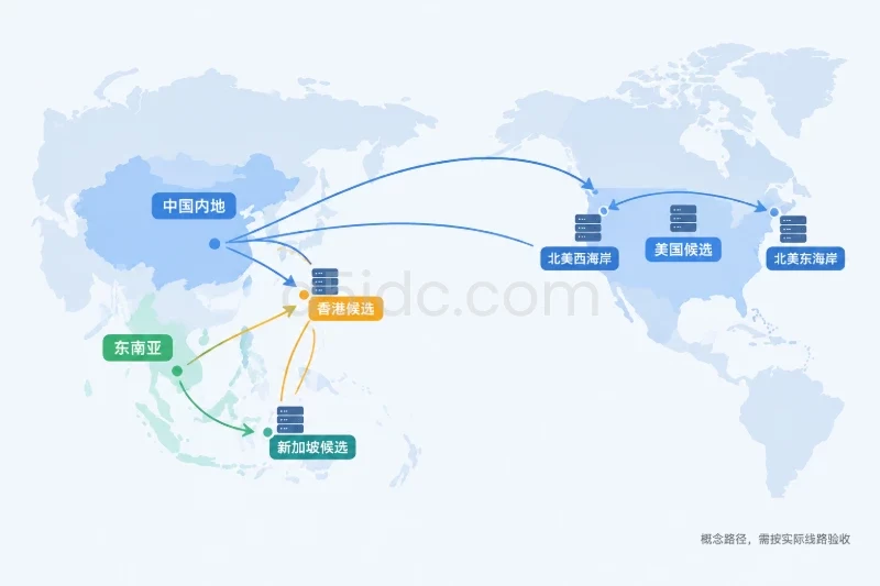 横向简化区域地图，左侧标注中国内地及亚洲访客区域，中部标注香港和新加坡，右侧分成美国西海岸与东海岸；用少量方向明确的访问箭头连接访客区域与候选机房，用不同粗细但