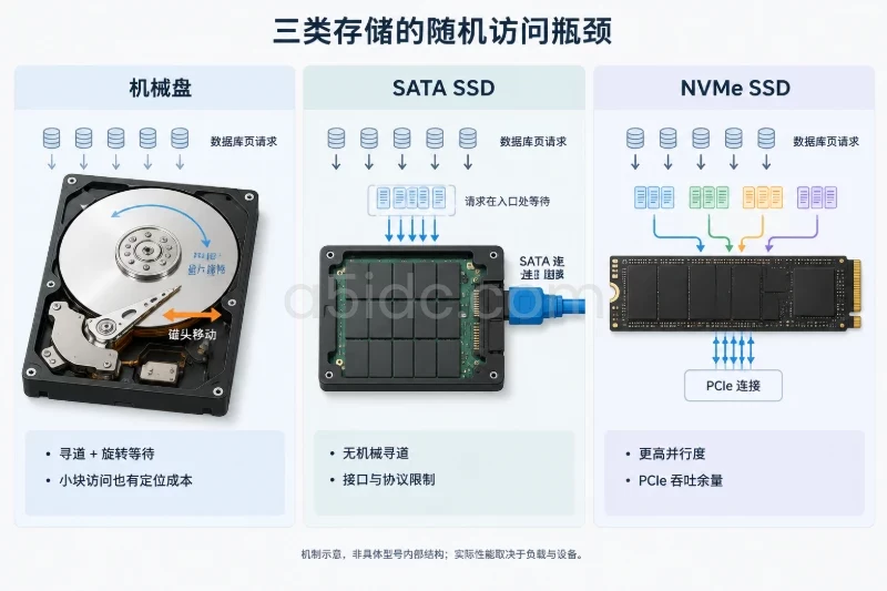 机械盘以盘片和磁头说明定位等待;SATA SSD以通用固态盘和SATA链路说明无机械寻道但受接口与协议限制;NVMe以通用PCIe固态存储和多组请求队列说明并行