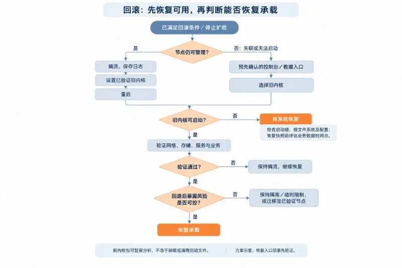 自上而下的恢复流程，从需要回滚进入可管理状态判断；两类入口汇合到旧内核启动验证，失败转系统恢复，成功继续检查业务与漏洞暴露风险
