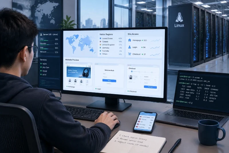 呈现试运营阶段跨境电商业务、目标访客访问和美国Linux服务器之间的真实使用语境。