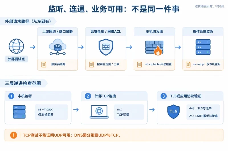 二、按交付顺序核对,不要从打开网站开始 / 5. 端口限制要逐层核对配图