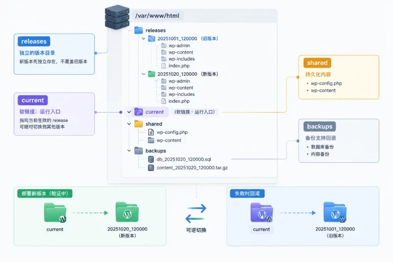 解释 WordPress 可重复部署的目录状态模型及 current 软链接回滚机制。