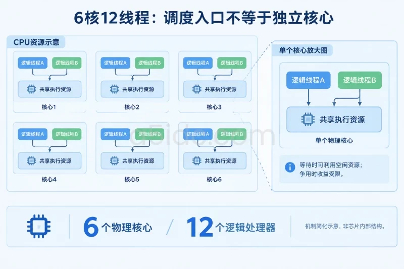 以资源示意而非芯片剖面呈现6个物理核心,每个核心内有两个逻辑线程入口,共同对应一组共享执行资源;放大其中一组说明共享含义