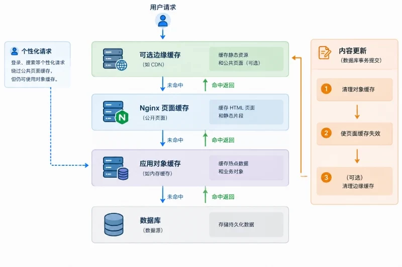 说明资讯站公开请求的缓存分层与内容发布时的失效先后。