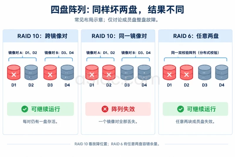 二、核心差异:容量、写入开销与容错条件/五种 RAID 的同口径对比配图