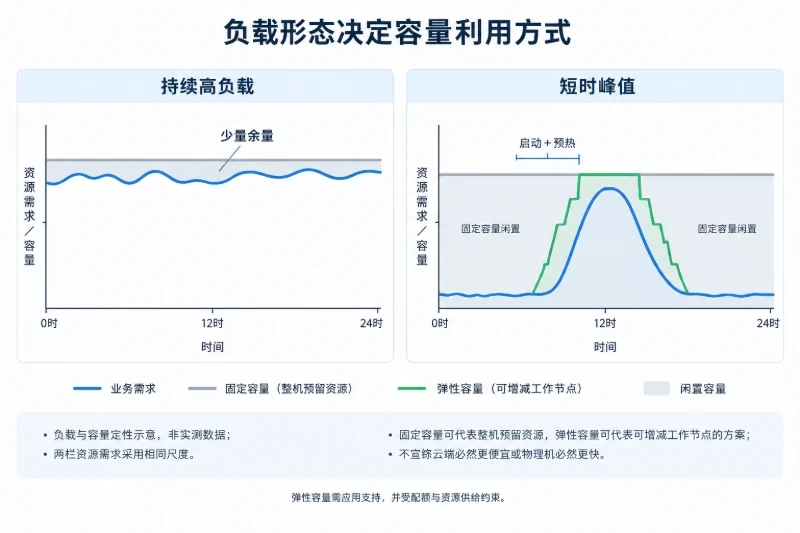左侧是全天较高且小幅波动的需求曲线,与固定容量线之间只有较小余量;右侧是低基线加短时高峰,展示固定容量的大片闲置区,以及提前启动、预热后到位的弹性容量轮廓