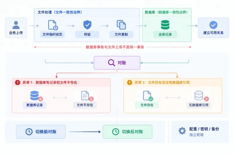 说明数据库、文件和对账流程之间的独立一致性边界，突出切换前后必须进行关联验证。