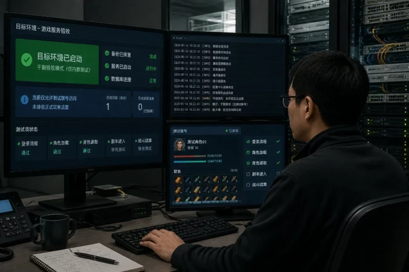 表现目标环境干跑验收的实际运维场景,强调恢复后启动但不接收正式玩家流量。