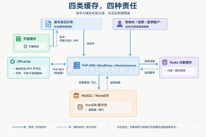 上方按请求类型分为可缓存的匿名商品页面与购物车、结算等动态请求;中部呈现页面缓存分支和 PHP-FPM 应用处理层;OPcache 作为应用侧共享代码缓存,Re