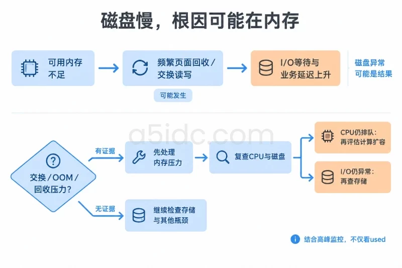上部呈现可用内存不足,经页面回收或交换导致I/O等待与业务延迟增加;下部呈现确认内存压力、优先补内存、再复查CPU与磁盘的判断路径
