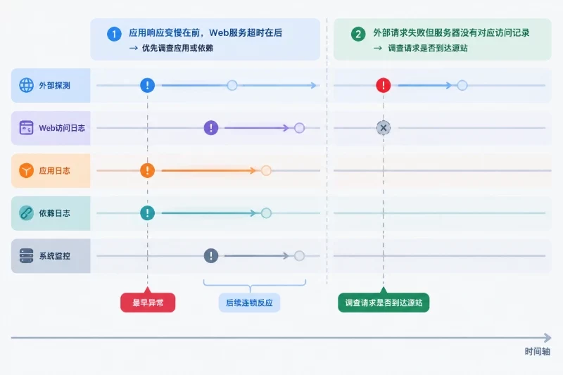 展示多来源证据按时间对齐并寻找最早异常的方法。