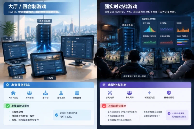游戏服务：回合制和大厅类较容易适配，强实时对战需要实测／强实时游戏配图