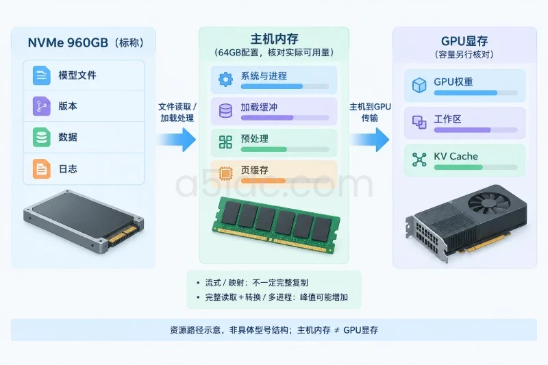 以通用服务器的概念资源剖面展示NVMe、主机内存与GPU显存三个独立区域；文件读取到主机加载处理，再传输到GPU，辅以不同加载方式对主机内存占用的影响说明，不画
