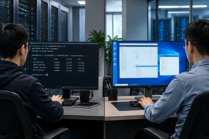 一侧是管理员在工作站通过 SSH 终端查看 Linux 服务器状态,另一侧是管理员通过 RDP 图形桌面管理 Windows Server;背景克制地出现通用服