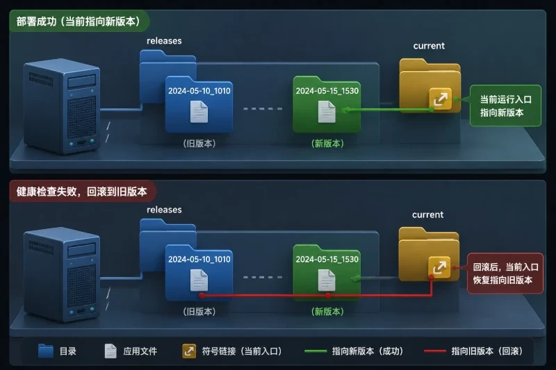 唯一说明独立版本目录、当前版本入口和旧版本之间的回滚对象关系。