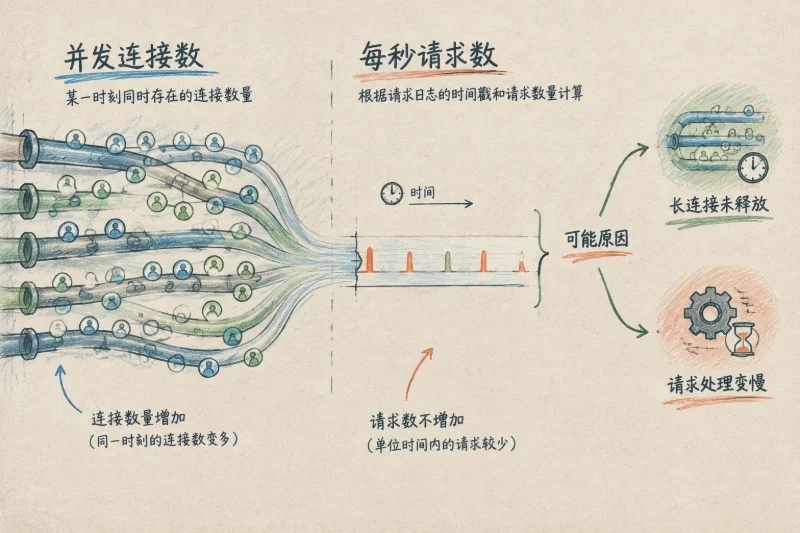 帮助区分并发连接数与每秒请求数,避免把连接数量直接当成业务请求压力。