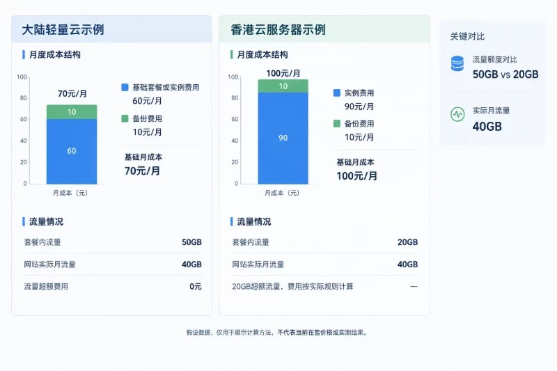左侧为大陆轻量云,显示基础套餐60元/月、套餐内流量50GB、实际月流量40GB、备份10元/月、基础月成本70元/月;右侧为香港云服务器,显示实例费用90元/
