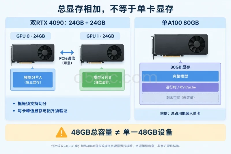 左侧为两张各24GB的通用GPU示意模块,模型分片分别驻留,通过标注为PCIe示意的双向通信连接;右侧为单个80GB模块,完整模型在满足容量条件时驻留