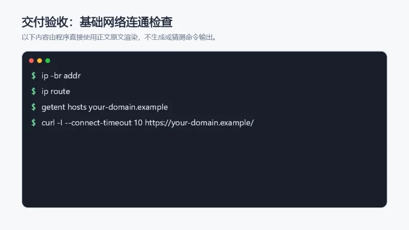 精确展示正文已有的基础网络验收命令。