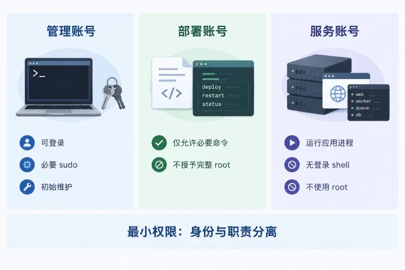 管理账号可以拥有必要的 sudo 权限,但网站、脚本、队列程序和数据库进程不应使用 root 身份运行示意图