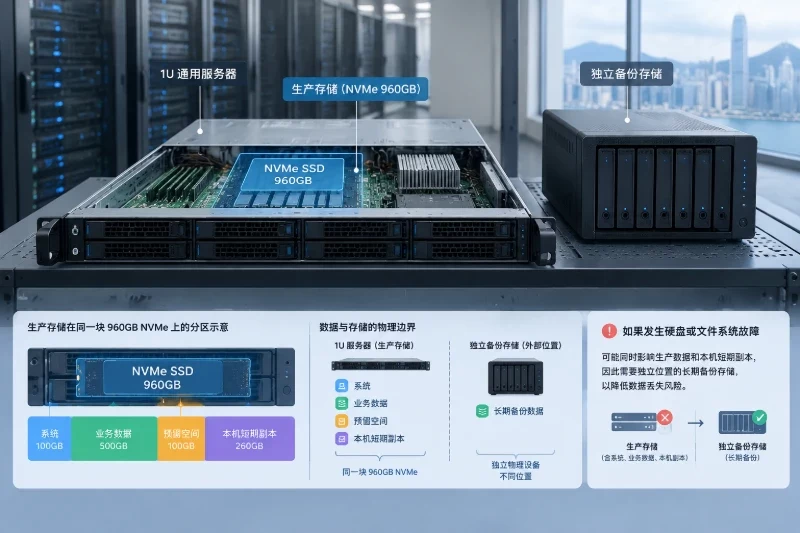 展示960GB NVMe服务器的生产存储与独立备份位置之间的设备和部署边界。