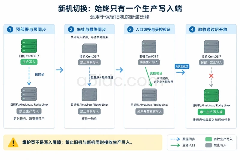 四个横向阶段,每阶段上下固定排列旧机和目标机,以相同状态标签追踪权限;中间两个阶段均禁止真实业务写入,最终只允许目标机写入