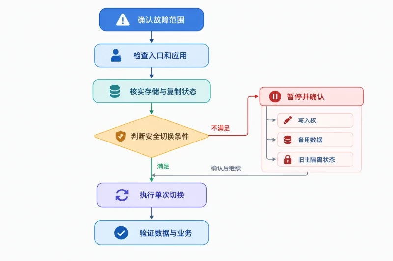 表达从故障确认到切换后验证的单变量排查与切换顺序。