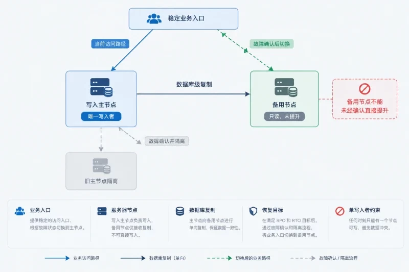 建立双节点单写入者故障切换架构，展示组件关系和数据复制方向。