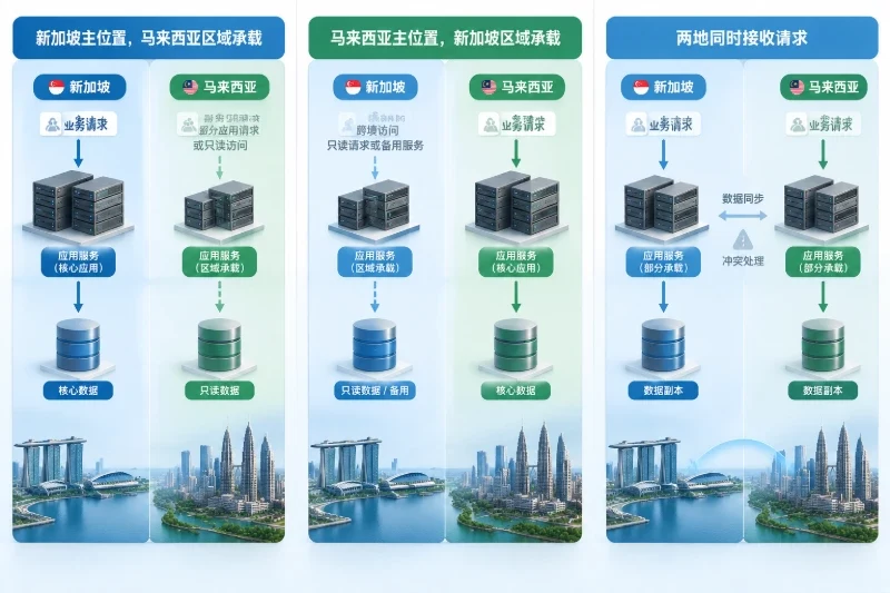 概括新加坡与马来西亚在主位置、区域承载和双地请求接收三种扩展模式中的角色边界。