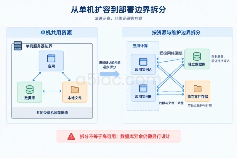 左侧单一服务器边界内包含应用、数据库和本地文件;右侧应用多实例作为一组独立计算节点,通过受控通信访问独立数据库和独立文件存储