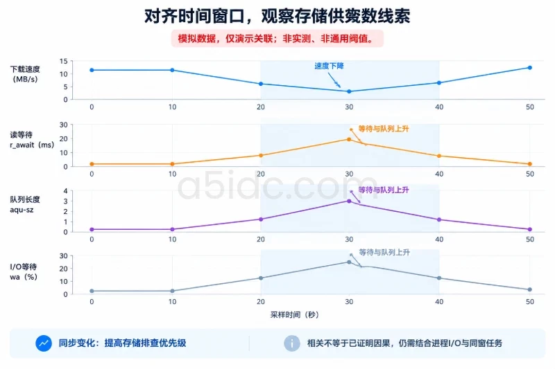 四个共享时间轴的小图,展示模拟下载速度下降时读等待、队列和I/O等待上升,再共同恢复;高亮相同时间窗口,不设置通用故障阈值