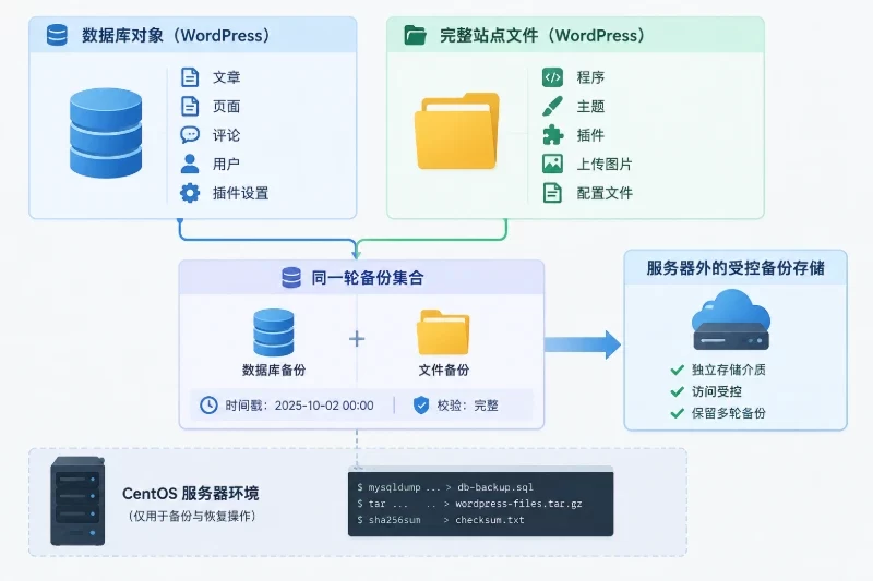 解释 WordPress 数据库备份、完整站点文件备份、校验信息和服务器外存储之间的同轮备份关系。