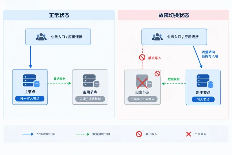 展示主节点、备用节点和业务入口在正常与切换状态下的写入归属和连接关系。