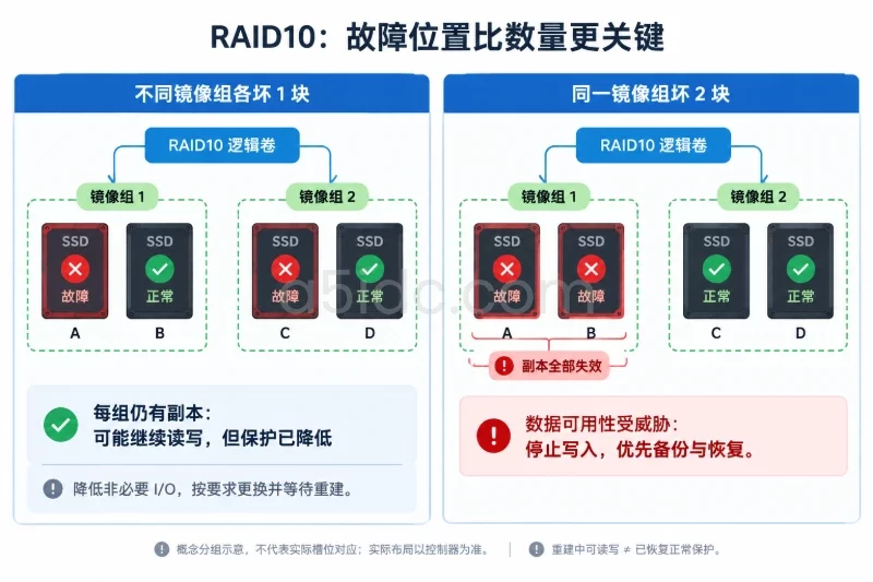 左右使用完全相同的四盘、两镜像组布局,左侧各组一块故障,右侧同组两块故障;用盘状态及组边界突出差异,明确只是概念分组而非实际槽位映射