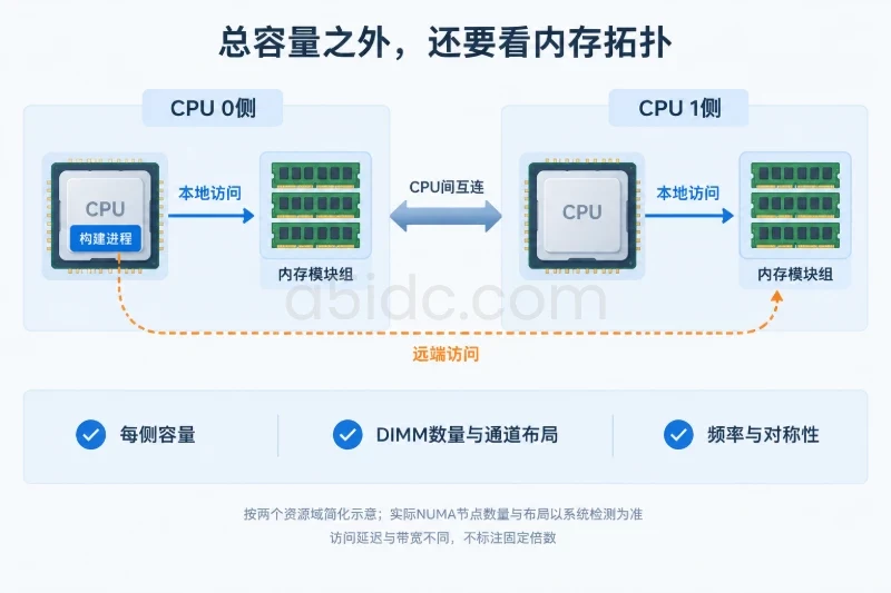 简化为左右两个处理器资源域,各自具有CPU与本地内存;CPU0中的构建进程分别访问本侧和另一侧内存,使用不同线型区别路径,不指定实际DIMM数量或容量分配
