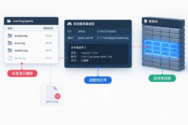 解释 df 与 du 不一致时已删除文件仍占用空间的根本原因。