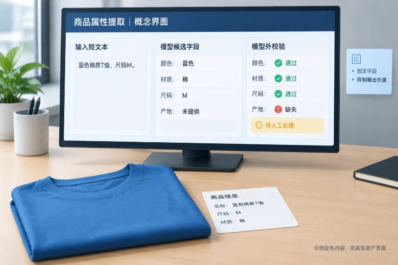以商品资料审核终端为主体,屏幕并列呈现短商品说明、候选字段和业务校验状态,体现已知字段通过、缺失字段不猜测并待人工处理