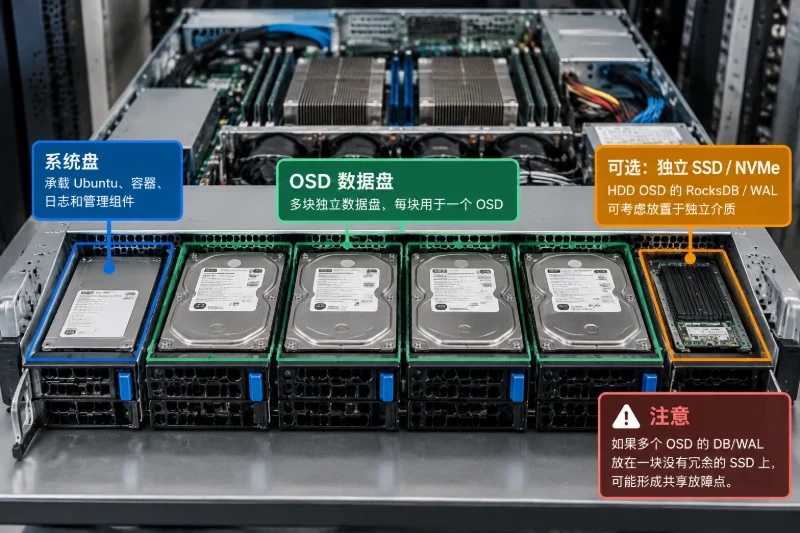 系统盘承载 Ubuntu、容器、日志和管理组件;多块独立数据盘分别作为 OSD;旁边以可选 SSD/NVMe 表示 HDD OSD 的 RocksDB/WAL