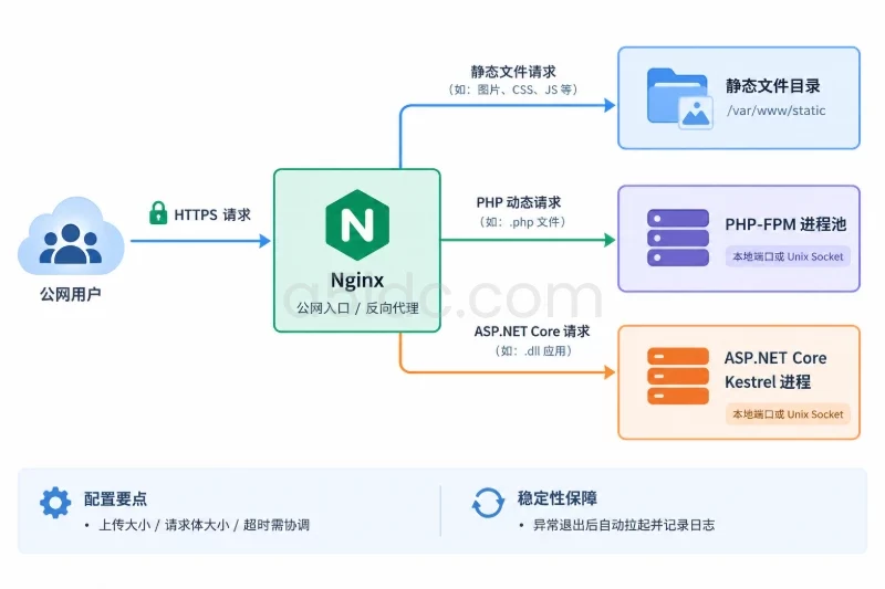 左侧为公网用户和 HTTPS 请求,中间为 Nginx 公网入口;从 Nginx 分出三条清晰路径,一条指向静态文件目录并标注“静态文件直接处理”,一条指向本机